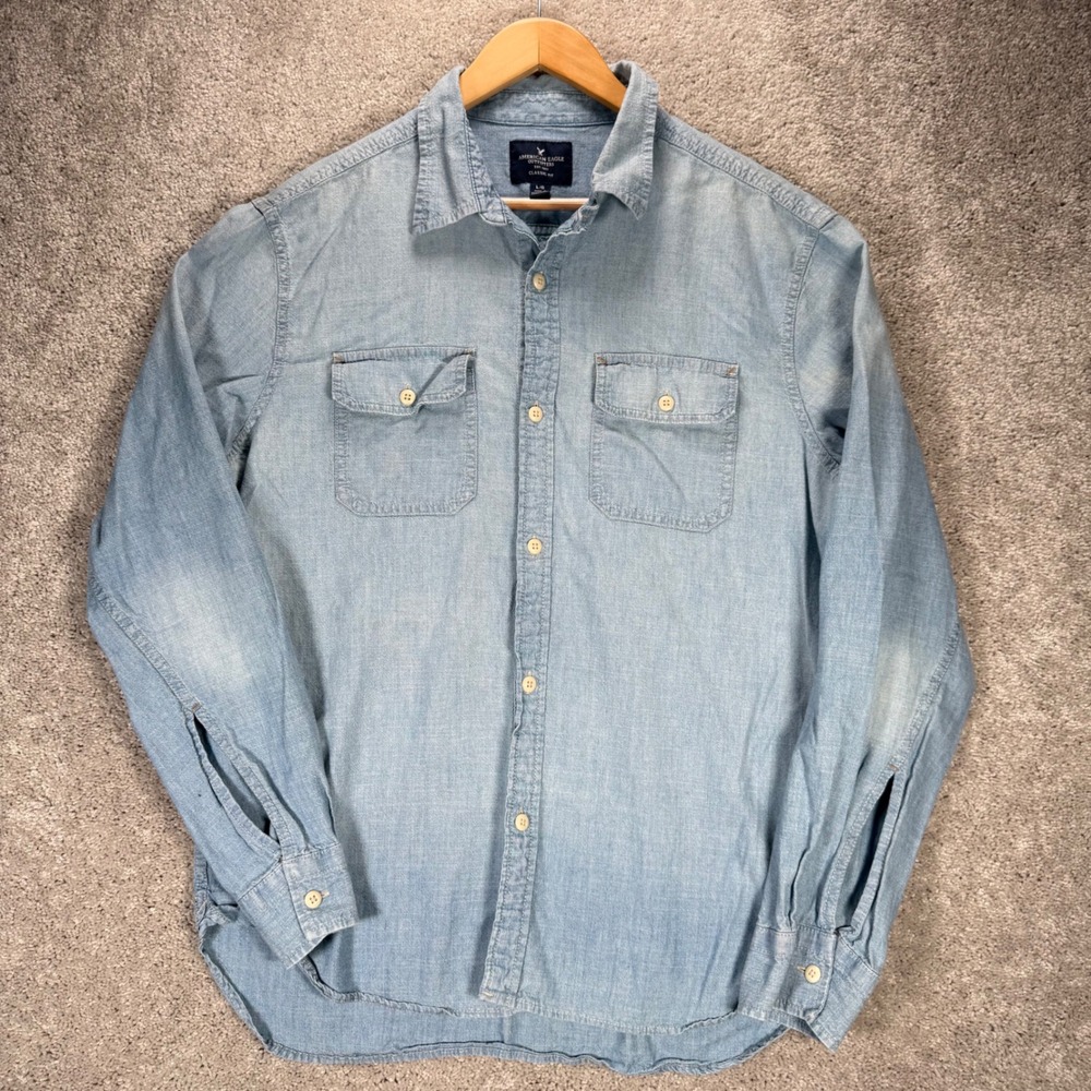 American Eagle Men's Large Blue Cotton Denim Chambray Shirt Classic Fit LS